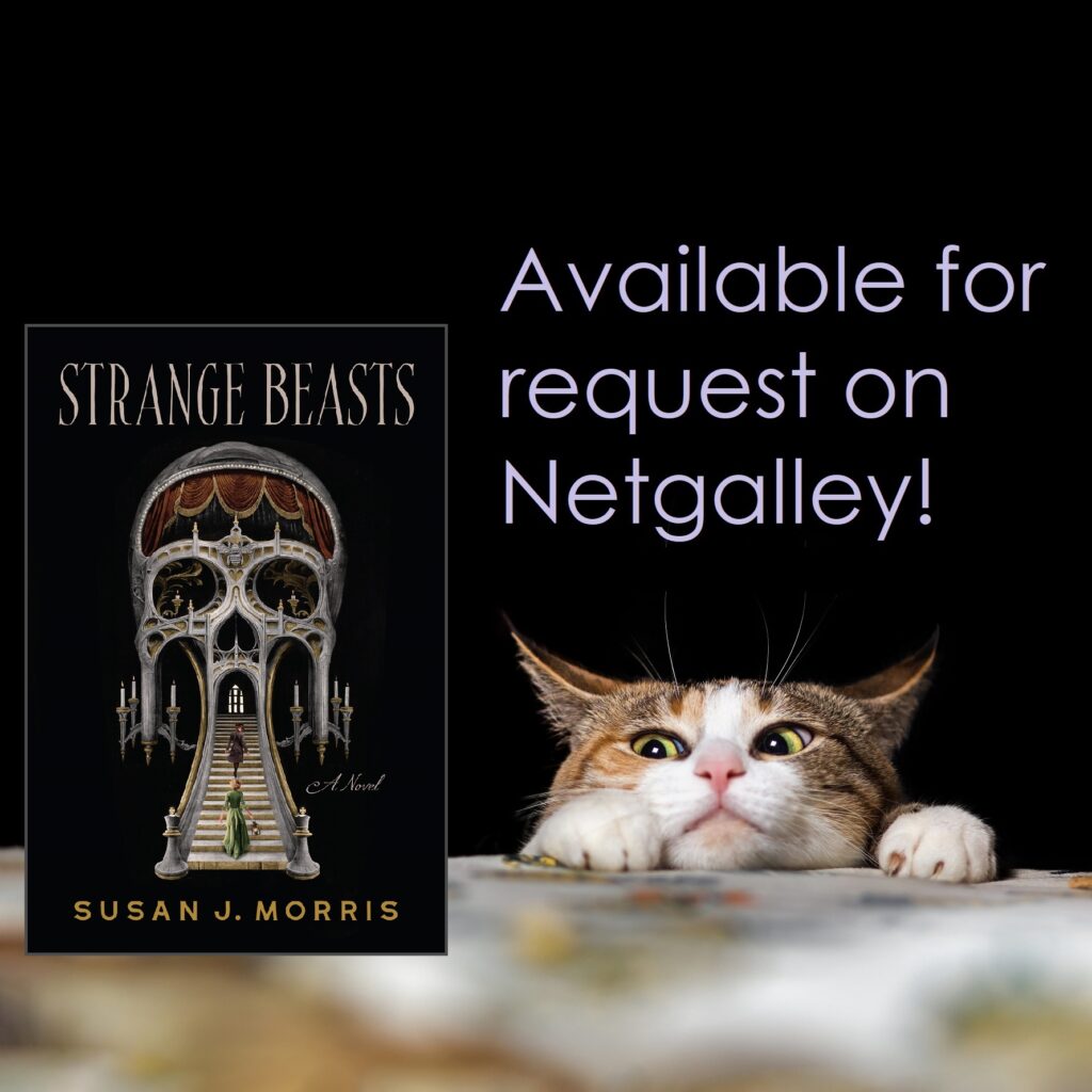 a picture of a cat filled with WANT looking at the cover of Strange Beasts by Susan J. Morris. The cover looks like a skull merged with the Palais Garnier with two women walking up the stairs into the skull. The text reads Available for request on Netgalley!