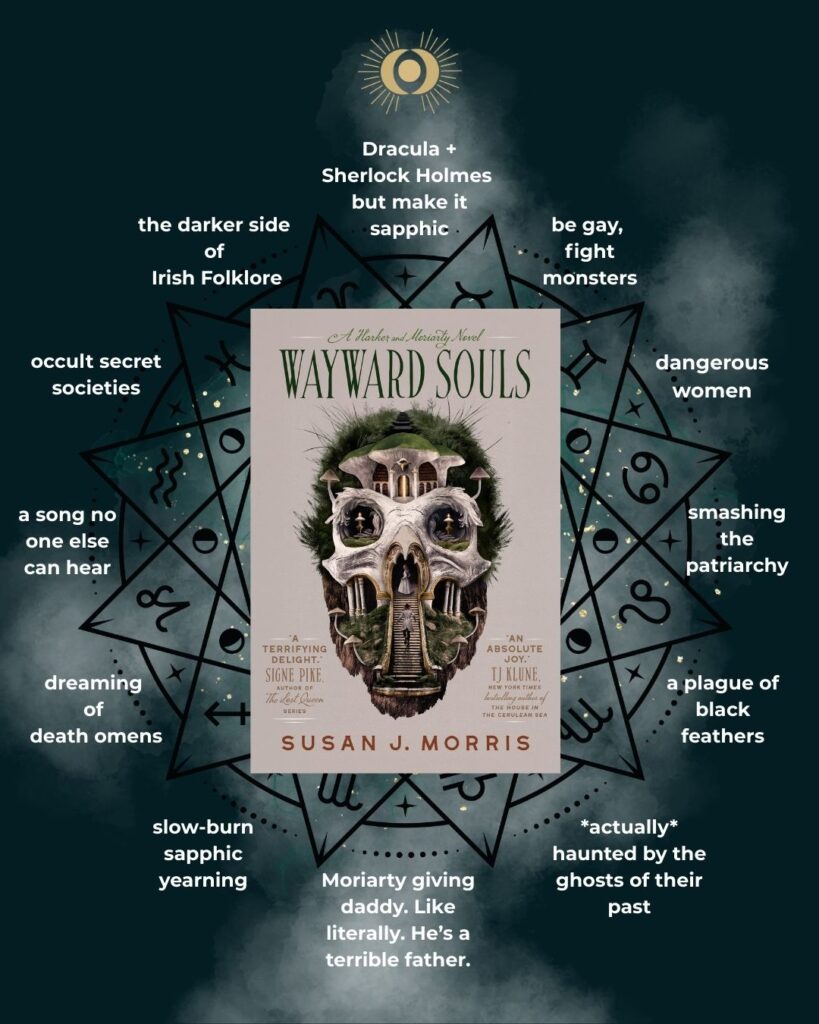 An alchemical circle with the US cover of Wayward Souls and a bunch of taglines including: Dracula + Sherlock Holmes but make it sapphic; be gay, fight monsters; dangerous women; smashing the patriarchy; a plague of black feathers; actually haunted by the ghosts of their past; Moriarty giving daddy. Like literally. He's a terrible father; Slow-burn sapphic yearning; dreaming of death omens; a song no one else can hear; occult secret societies; the darker side of Irish folklore